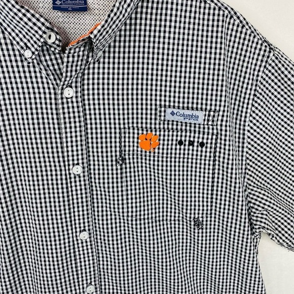 Columbia PFG Clemson Tiger Black White Gingham Print Short Sleeve Shirt Size XL - Picture 2 of 7